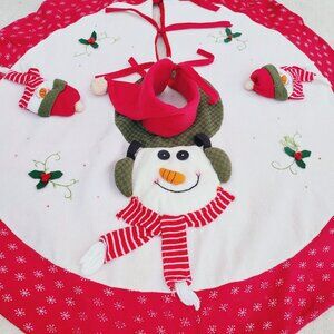 Vintage Snowman Plush Christmas Tree Skirt Red White